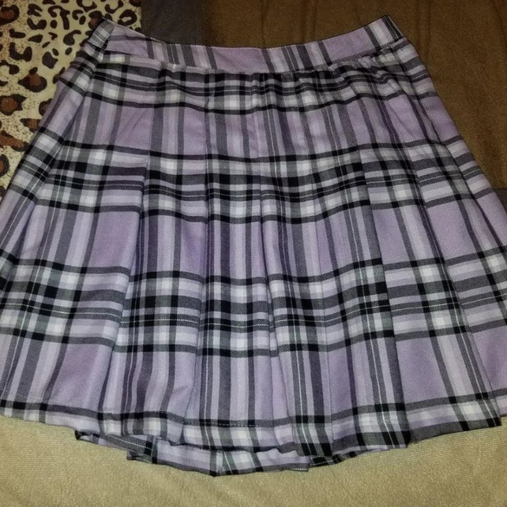Purple pleated plaid tartan mini skirt